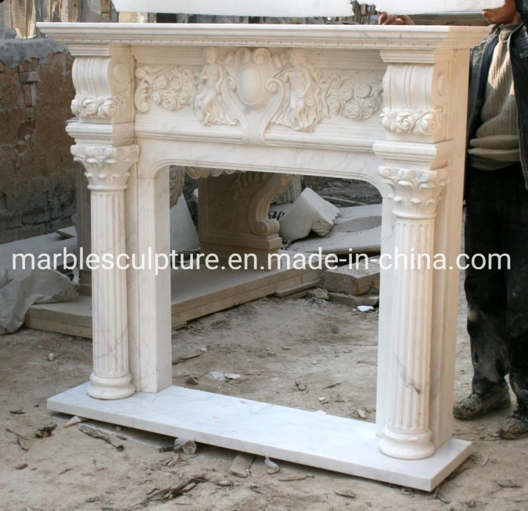 Freestanding White Marble Fireplace Carved Babay Cherubs (SYMF-122)